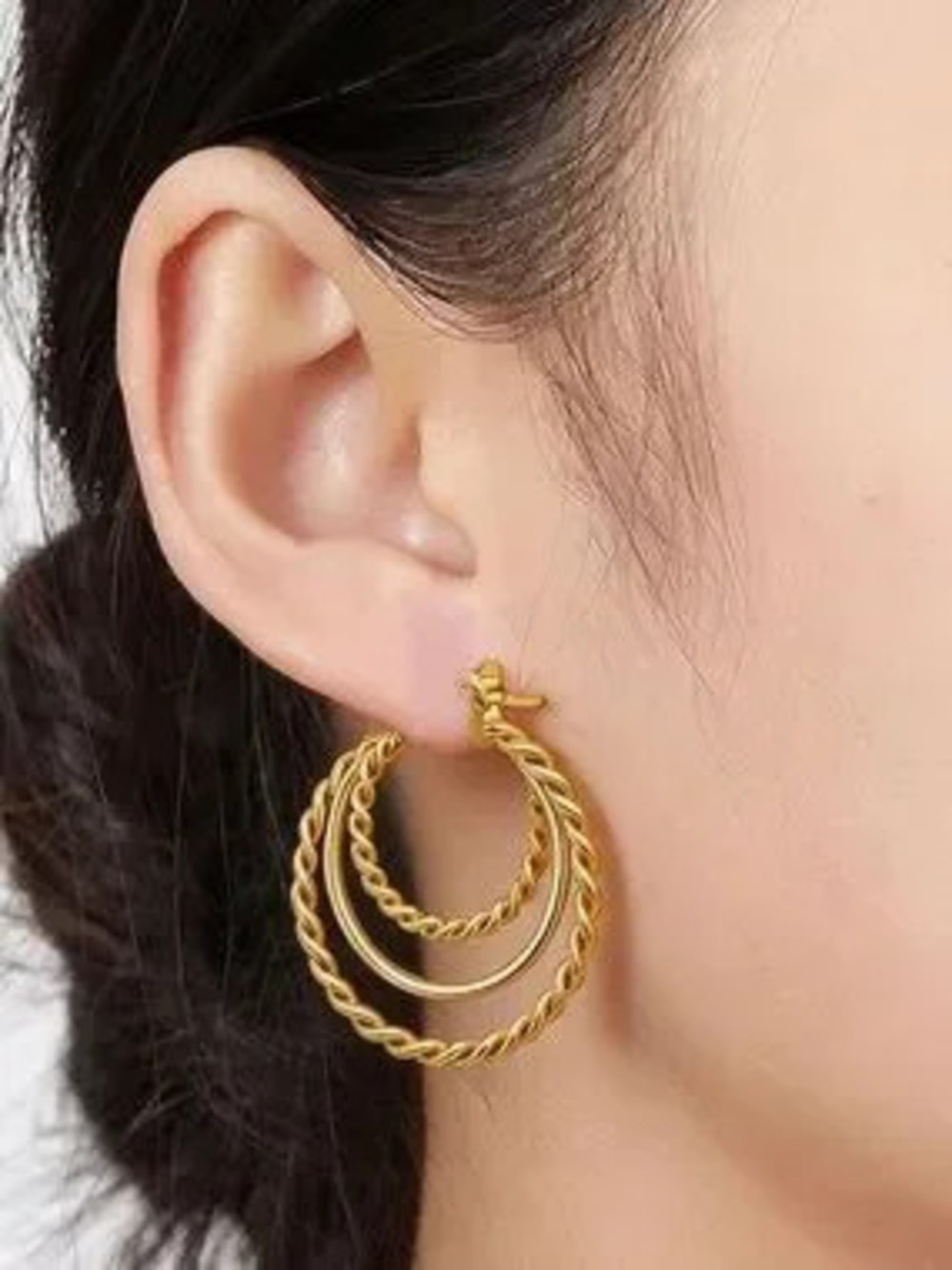 Anthropologie Gold Color Triple Hoop Twist Earrings